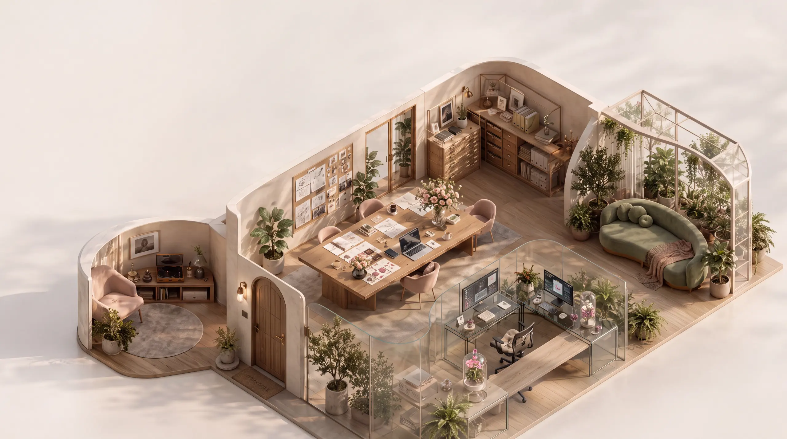 An isometric creative house with a central studio table, archive, garden conservatory, lab and personal room.